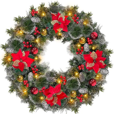 30-Inch Super Large Snowy Timer-Operated Prelit Wreath with 80 Lights, Poinsettias, Berries for Front Door in Saudi Arabia