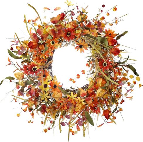 Fall Wreaths for Front Door 22 Inch Artificial Fall Wreath Floral Autumn Wreath with Colorful Daisies Orange Foliage for Indoor Outside Door Harvest Festival Thanksgiving Day Celebration in Saudi Arabia