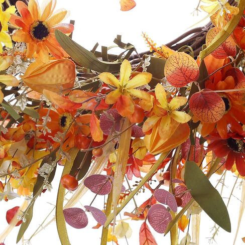 Fall Wreaths for Front Door 22 Inch Artificial Fall Wreath Floral Autumn Wreath with Colorful Daisies Orange Foliage for Indoor Outside Door Harvest Festival Thanksgiving Day Celebration in Saudi Arabia