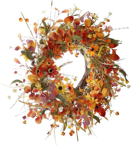 Fall Wreaths for Front Door 22 Inch Artificial Fall Wreath Floral Autumn Wreath with Colorful Daisies Orange Foliage for Indoor Outside Door Harvest Festival Thanksgiving Day Celebration in Saudi Arabia