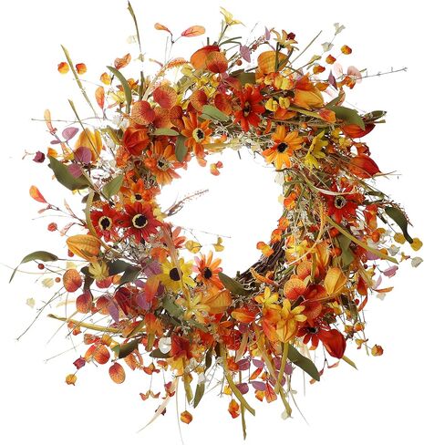 Fall Wreaths for Front Door 22 Inch Artificial Fall Wreath Floral Autumn Wreath with Colorful Daisies Orange Foliage for Indoor Outside Door Harvest Festival Thanksgiving Day Celebration in Saudi Arabia
