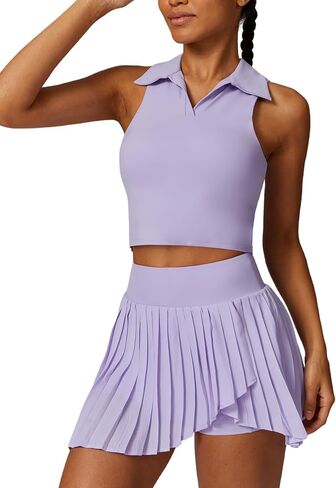 Women 2 Piece Tennis Dress Sleeveless Racerback Padded Crop Top Pleated High Waisted Tennis Skirt Golf Workout Outfits in Kuwait