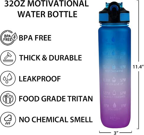Gold Armour 32oz Motivational Water Bottle with Time Marker, Leakproof BPA Free Daily Water Reminder to Ensure You Drink Enough Water Daily (Blue & Pink Gradient) in Saudi Arabia