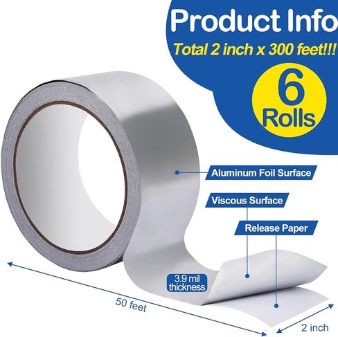 3 Pack Aluminum Foil Tape, 3.9 mil 2" x 150 Feet Total Foil Tape, Silver High Temperature Tape, Metal Tape, Seal HVAC Tape, Insulation Foil Tape for Ductwork, HVAC, Dryer Vent, Seal in Saudi Arabia