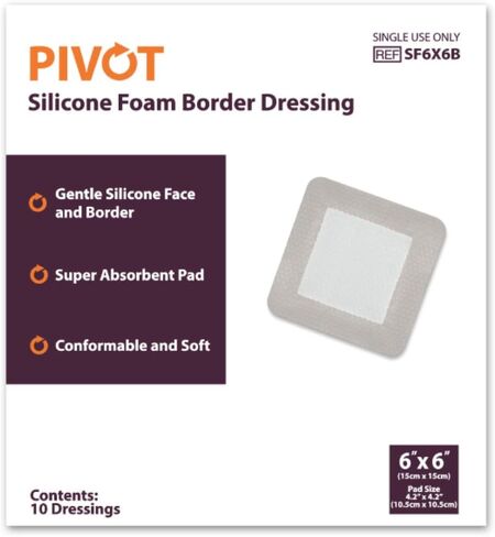 Pivot Silicone Foam Dressing with Adhesive Gentle Border | 6" x 6" | Waterproof | Super Absorbent Wound Dressing | 10 Pack in Saudi Arabia