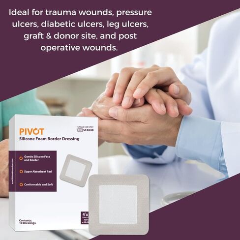 Pivot Silicone Foam Dressing with Adhesive Gentle Border | 6" x 6" | Waterproof | Super Absorbent Wound Dressing | 10 Pack in Saudi Arabia