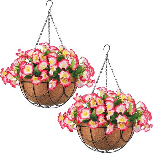 Hotop 2 Pack Artificial Hanging Flowers in Basket for Porch Home Courtyard Decoration Artificial Petunias Arrangement Fake Porch Plants in 12 inch Coconut Lining Basket for Outdoor Indoor (White, Red) in Saudi Arabia