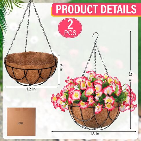 Hotop 2 Pack Artificial Hanging Flowers in Basket for Porch Home Courtyard Decoration Artificial Petunias Arrangement Fake Porch Plants in 12 inch Coconut Lining Basket for Outdoor Indoor (White, Red) in Saudi Arabia