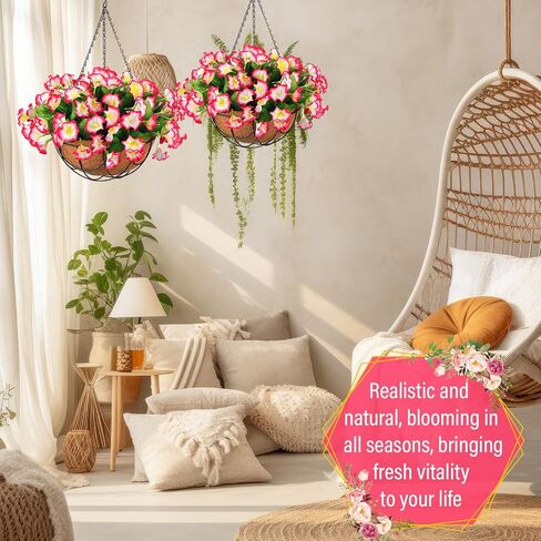 Hotop 2 Pack Artificial Hanging Flowers in Basket for Porch Home Courtyard Decoration Artificial Petunias Arrangement Fake Porch Plants in 12 inch Coconut Lining Basket for Outdoor Indoor (White, Red) in Saudi Arabia