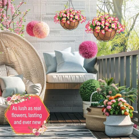 Hotop 2 Pack Artificial Hanging Flowers in Basket for Porch Home Courtyard Decoration Artificial Petunias Arrangement Fake Porch Plants in 12 inch Coconut Lining Basket for Outdoor Indoor (White, Red) in Saudi Arabia