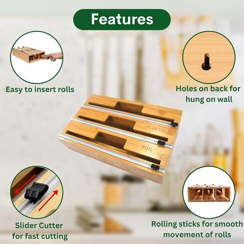 WESTYLE - 3 in 1 Wrap & Foil Dispenser, Aluminum Foil, Wax Paper, Plastic Wrap Dispenser with Cutter & Engraved Labels, Natural Bamboo-Made Kitchen Organizer & Holder - Works with 12" Roll in Saudi Arabia