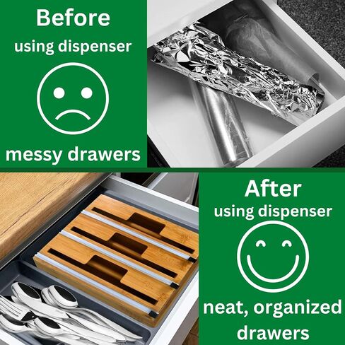 WESTYLE - 3 in 1 Wrap & Foil Dispenser, Aluminum Foil, Wax Paper, Plastic Wrap Dispenser with Cutter & Engraved Labels, Natural Bamboo-Made Kitchen Organizer & Holder - Works with 12" Roll in Saudi Arabia