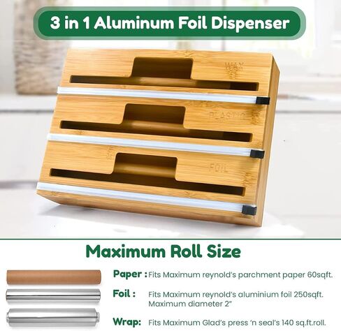 WESTYLE - 3 in 1 Wrap & Foil Dispenser, Aluminum Foil, Wax Paper, Plastic Wrap Dispenser with Cutter & Engraved Labels, Natural Bamboo-Made Kitchen Organizer & Holder - Works with 12" Roll in Saudi Arabia