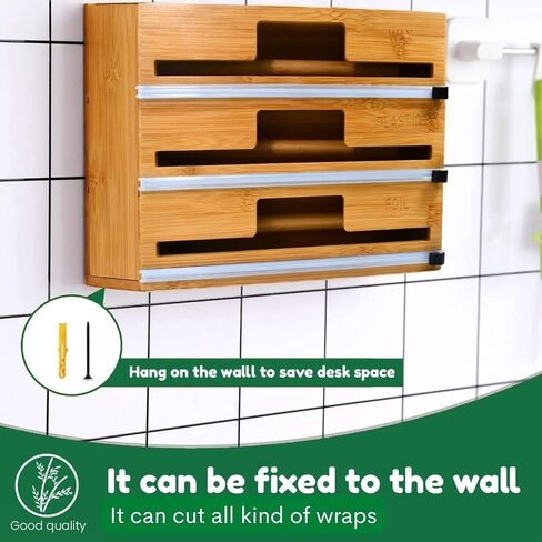 WESTYLE - 3 in 1 Wrap & Foil Dispenser, Aluminum Foil, Wax Paper, Plastic Wrap Dispenser with Cutter & Engraved Labels, Natural Bamboo-Made Kitchen Organizer & Holder - Works with 12" Roll in Saudi Arabia