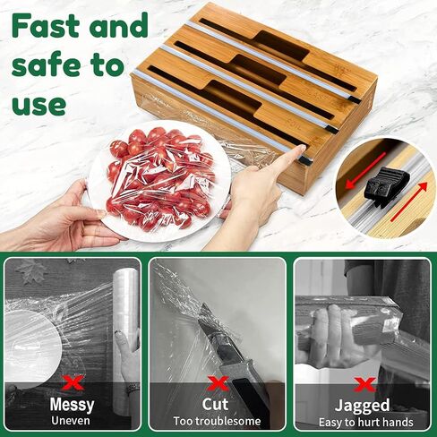 WESTYLE - 3 in 1 Wrap & Foil Dispenser, Aluminum Foil, Wax Paper, Plastic Wrap Dispenser with Cutter & Engraved Labels, Natural Bamboo-Made Kitchen Organizer & Holder - Works with 12" Roll in Saudi Arabia