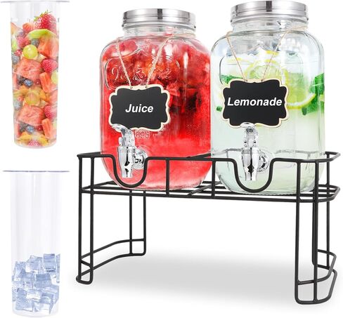 1 Gallon Glass Drink Dispensers For Parties-Set of 2,Drink Dispenser with Ice Core,Fruit Infuser & Stand,Juice or Beverage Dispenser for BBQ, Picnic, Party,Laundry Detergent Dispenser in Saudi Arabia
