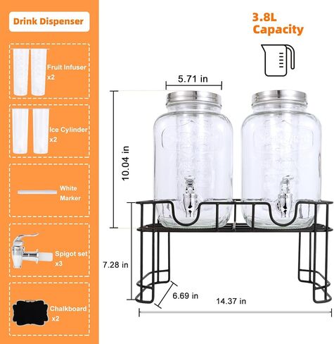 1 Gallon Glass Drink Dispensers For Parties-Set of 2,Drink Dispenser with Ice Core,Fruit Infuser & Stand,Juice or Beverage Dispenser for BBQ, Picnic, Party,Laundry Detergent Dispenser in Saudi Arabia