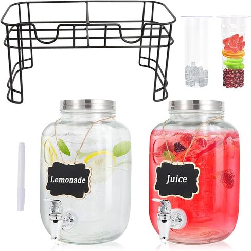 1 Gallon Glass Drink Dispensers For Parties-Set of 2,Drink Dispenser with Ice Core,Fruit Infuser & Stand,Juice or Beverage Dispenser for BBQ, Picnic, Party,Laundry Detergent Dispenser in Saudi Arabia