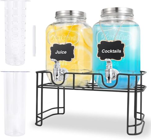1 Gallon Glass Drink Dispensers For Parties-Set of 2,Drink Dispenser with Ice Core,Fruit Infuser & Stand,Juice or Beverage Dispenser for BBQ, Picnic, Party,Laundry Detergent Dispenser in Saudi Arabia