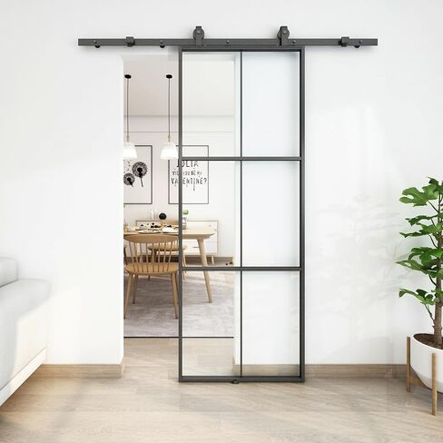 JUBEST 30in x 80in Glass Sliding Barn Door, 3-Panel Black Aluminum Frame and Clear Tempered Glass Modern French Door, Easy to Install (No Sliding Hardware Kit) in Saudi Arabia