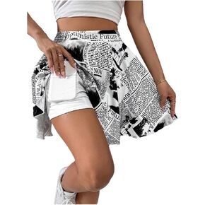 WDIRARA Women's Newspaper Print Athletic Shorts 2 In1 High Waist Workout Shorts with Pockets