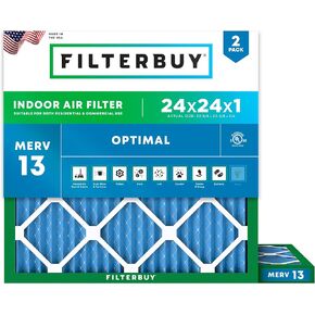 فلتر هواء Filterbuy 24x24x1 MERV 13 Optimal Defense (عبوة من قطعتين)، استبدال مرشحات هواء فرن HVAC AC المطوية (الحجم الفعلي: 23.38 × 23.38 × 0.75 بوصة)