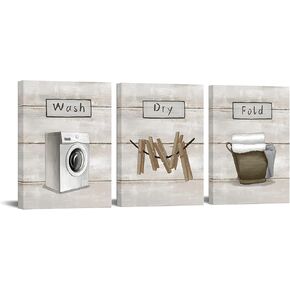 OuElegent 3 Piece Laundry Room Canvas Wall Art Wash Dry Fold Laundry Signs Poster Picture Vintage Country Farmhouse Wall Decor Bathroom Prints Framed Ready to Hang