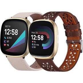 Bands Compatible with Fitbit Versa 4 Bands Women Leather Versa 3 Bands Men, Classic Soft Hollow-out Floral Leather Straps for Fitbit Versa 4 & Versa 3 & Sense 2 & Sense