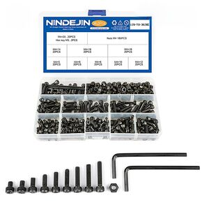 NINDEJIN M4 362PCS Hex Socket Head Cap Screws/Bolts Nuts Assortment Kit, M4x5/6/8/10/12/14/16/18/20mm Metric Screws, 12.9 Carbon Steel Black Oxide Screws, Fully Machine Threaded, Allen Hex Drive