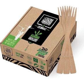 2ZEBRAZ 100% Bamboo Cutlery Set of 100 pc - 50 Forks, 25 Knives, 25 Spoons, Smooth Reusable Bamboo Silverware, Compostable and Durable Disposable Utensils, Eco-Friendly Flatware in Premium Box