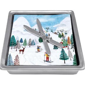 MARIPOSA CROSSED SKIS SIGNATURE NAPKIN BOX SET | SILVER | BRILLANTE | GIFTS | NAPKIN BOX & WEIGHT SET | RECYCLED SANDCAST ALUMINUM | HANDMADE IN MEXICO