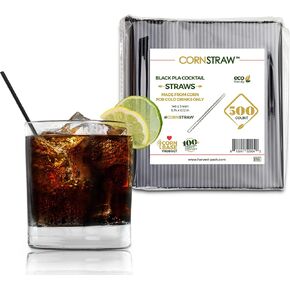 [500 COUNT] CORNSTRAW 5" Black PLA Cornstarch Plasticless Disposable Drink Stirrer Cocktail Straw