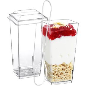 SHOPDAY 3 oz Mini Dessert Cups with Lids and Spoons 100 Pack, Small Plastic Dessert Cups for Party, Clear Square Cups for Parfait Yogurt, Shooter Cups Tumbler Cups for Appetizers Jello Mousse