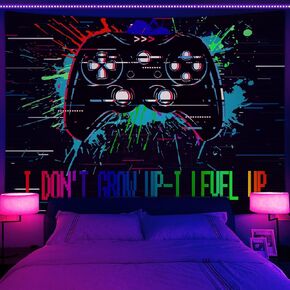 JAWO Blacklight Game Tapestry for Men, UV Reactive Cool Neon Gaming Tapestry Wall Hanging for Boys Bedroom, Black Gaming Accessories for Gamer Room Decor Blacklight Posters College Dorm (60X40)