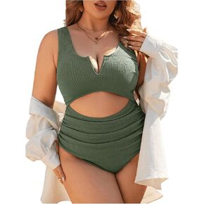 WDIRARA Women's Plus Size Cut Out Front One Piece Swimsuit Wireless Monokini Bathing Suit