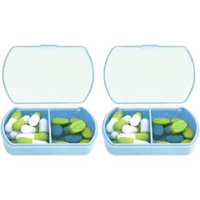 Small Pill Case Travel Pill Box Cute Pill Organizer for Purse Portable Daily Medicine Organizer 2 Compartment Pill Holder for Vitamins, Fish Oil, Supplements (Blue 2PCS)