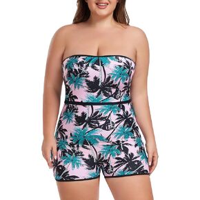 Ocean Blues Women's Plus Size Boyleg One Piece Swimsuit Vintage Strapless One Piece Bathing Suits