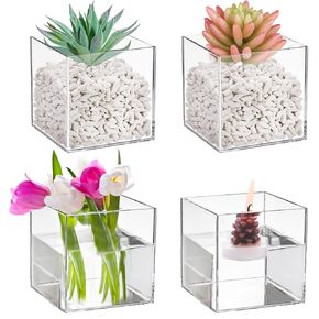Kingrol 4 Pack Clear Acrylic Vase for Flowers, Break Resistant Vase for Home Wedding Party Centerpieces Decor, 4 x 4 x 4 Inches, Square