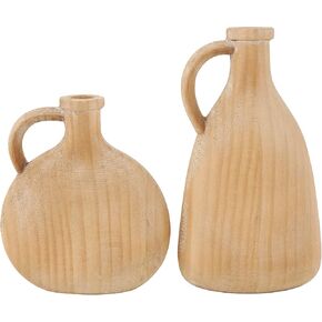 Deco 79 Wood Decorative Vase Slim Jug Inspired Centerpiece Vases, Set of 2 Vases for Home Decoration 9", 7" H, Brown