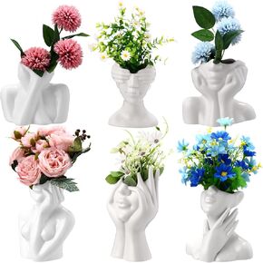 Domensi 6 Pieces White Ceramic Face Vase for Flowers Female Form Modern Decorative Vases Head Half Bust Vase for Office Living Room Centerpiece Table Home Bookshelf Decor, 6 Styles