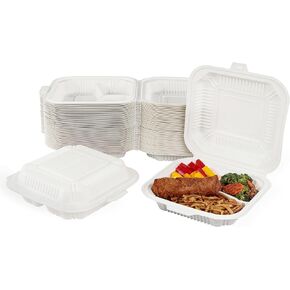 Lot45 Dinner To Go Boxes for Food - 8in Clamshell Food Containers, Cornstarch 3 Dividers Disposable Take Out Box 100pk