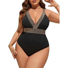 WDIRARA Women's Plus Size Deep V Neck One Piece Swimsuit Colorblock Monokini Swimwear