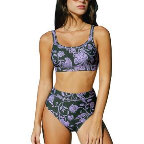 CUPSHE Women's Bikini Sets Two Piece Bathing Suit High Waisted Scoop Neck Back Hook Wide Adjustable Straps