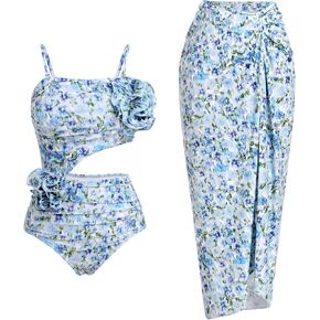 AFAVOM Women One Piece Swimsuit Sexy Floral Vintage Bathing Suit + Cover up Skirt 2PCS/3PCS Beach Tummy Control Swimming Suit