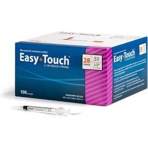 EasyTouch U-100 Insulin Syringe with Needle, 28G 0.5cc 1/2-Inch (12.7mm), Box of 100