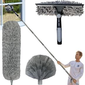 20+ Feet High Reach 2 in 1 Window Washing Squeegee & Duster Kit with 3-14 ft Spliceable Pole // High Ceiling Duster // Cobweb Microfiber Duster // Outdoor & Indoor Extendable Duster Cleaning Kit