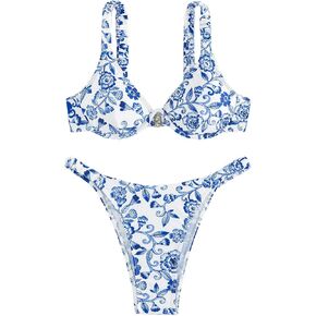 SHENHE Women's 2 Piece Floral Print Underwire Beach Bikini Set with Cheeky