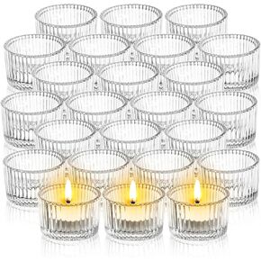 Elsjoy 24 Pack Glass Tealight Candle Holder, 2" x 1.4" Small Clear Glass Votive Candle Holders Mini Ribbed Tealight Holder for Wedding, Birthday, Festival, Table Centerpiece