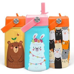 SANDJEST Llama Water Bottle - Kids Water Bottle with Straw Lid - 12 Oz Insulated Stainless Steel Water Bottles for Toddlers Kid Girls - Travel Cup for School Sports
