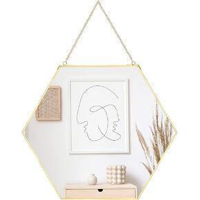 SWTHONY Hanging Hexagon Wall Mirror Geometry Gold Brass Metal Mirror for Living Room Wall Decor 15.7x13.6 Inch